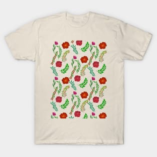 RED PEONY AND POPPY FLOWERS WITH PRETTY GREEN LEAVES PATTERN T-Shirt